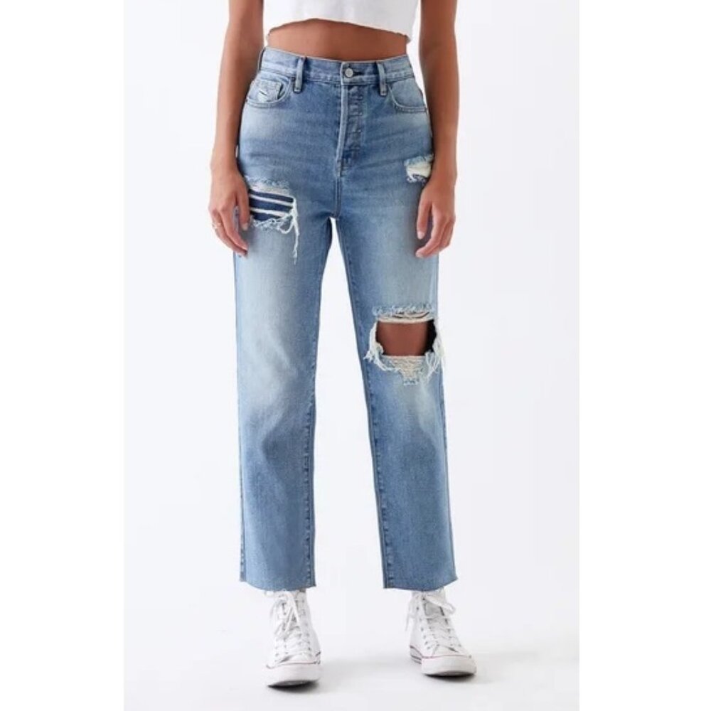 PacSun High Rise Straight Medium Wash Distressed Button Fly Jeans Size 29